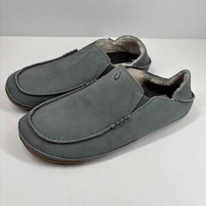 OluKai Kipuka Hulu Men's US 9 Charcoal Leather Sheepskin Slippers Real Fur Cozy